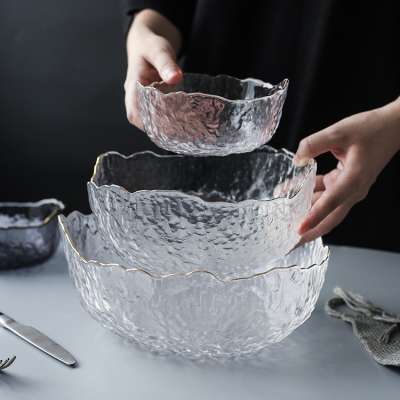 Japanese gold rim Glass Bowl Large Transparent Irregular Vegetable and Fruit Salad Bowl Dessert Bowl