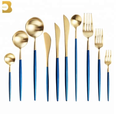 Royalty style wedding tableware luxury flatware set blue and gold stainless steel cutlery set