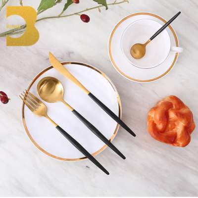 For India Restaurant decoration stainless steel cutlery set steak knife wedding decorative gold and black cutlery