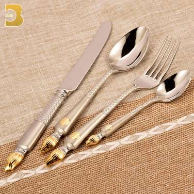 best selling silver and gold details luxury stainless steel cutlery, knife set stainless steel gold flatware fork cutlery set fo